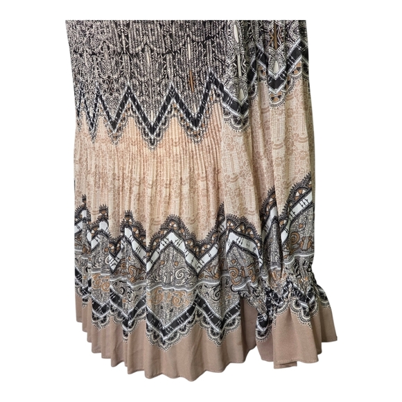 Umgee Boho Pleated Tunic Top S Beige Black Print Long Sleeve Flowy Blouse - Picture 3 of 7